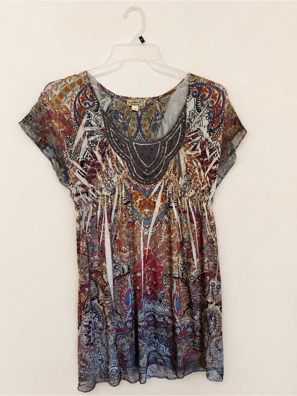 One World Size M Multicolor Paisley Sequin Ribbon Boho Tunic Dress